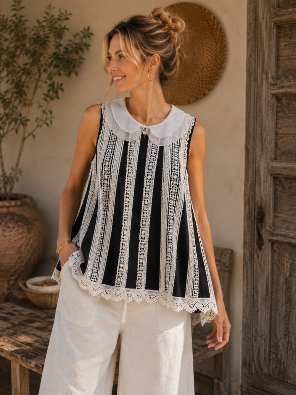 Anthropologie Black and White Lace-Trim Sleeveless Top